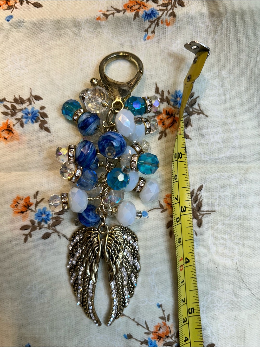 Blue and White Beaded Purse Charm with Angel Wing Charm